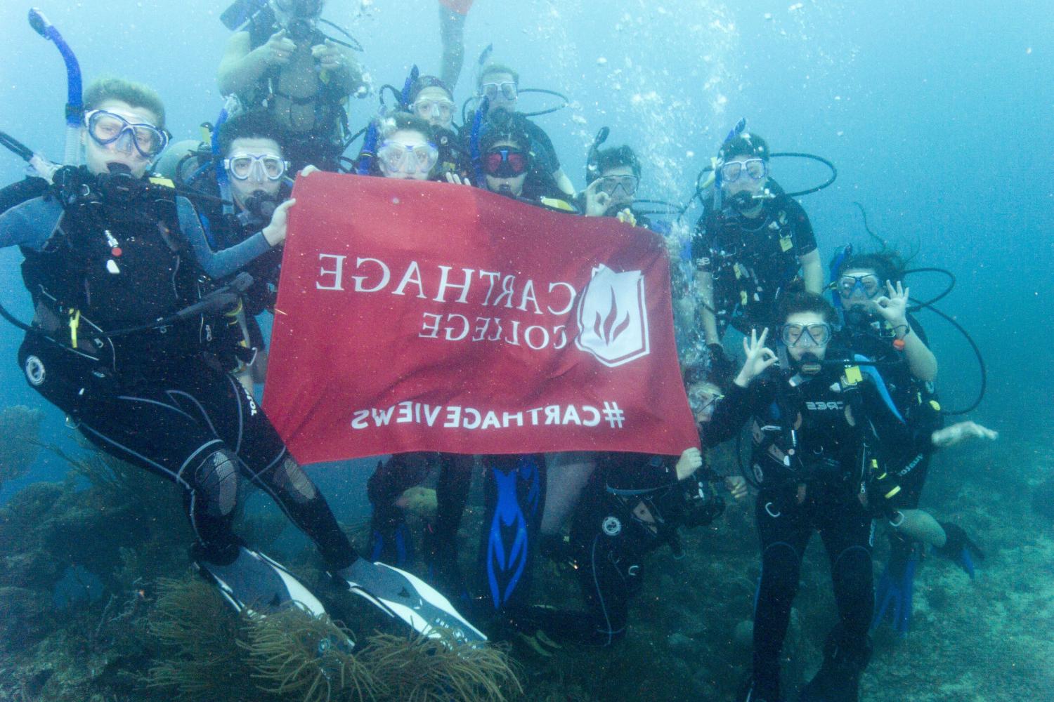 学生们手持<a href='http://devos.infosecureredteam.com'>bv伟德ios下载</a>旗帜，在j学期洪都拉斯游学之旅中潜水.